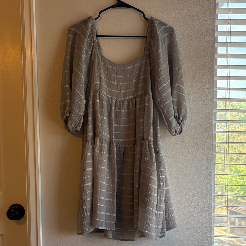 Together Taupe Mini Dress with Silver Metallic Stripes